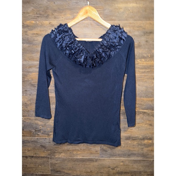 Alberto Makali Tops - Alberto Makali Navy Blue Ruffle Collar Knit Top 3/4 Sleeve Size M